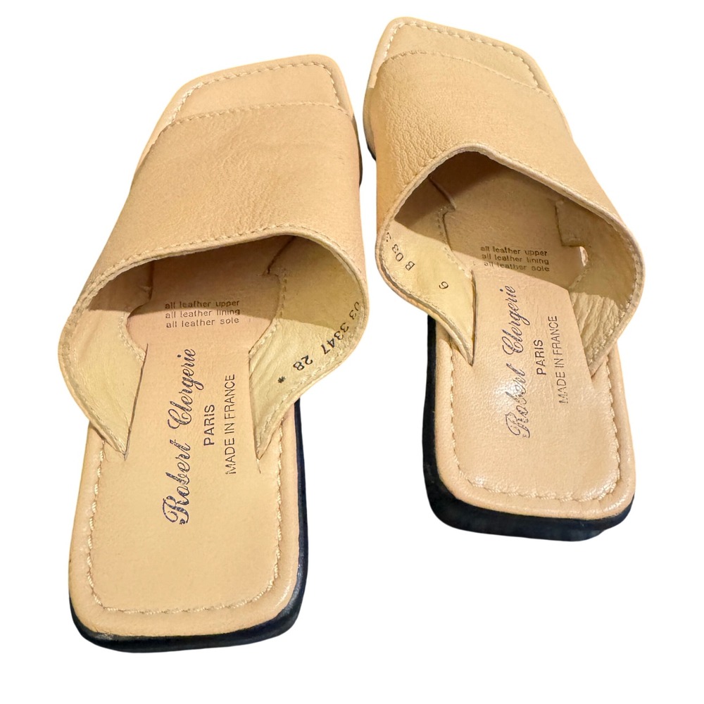 Robert Clergerie Paris Beige Leather Square Toe Slide Sandals Made in France 6